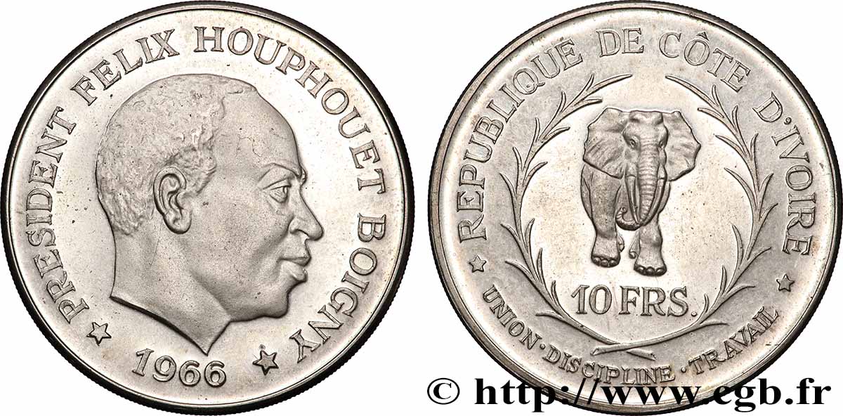 COSTA DE MARFIL 10 Francs Proof Félix Houphouet Boigny 1966  SC 