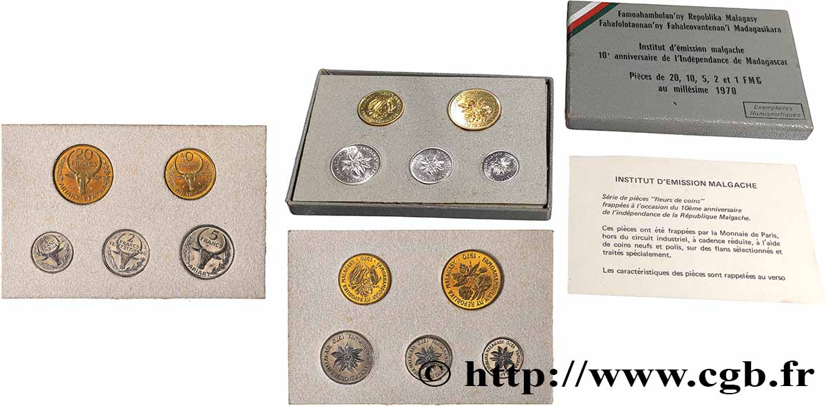 MADAGASCAR Boîte FDC 1, 2, 5, 10 et 20 Francs 1970 Paris FDC 