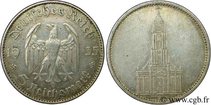GERMANIA 5 Reichsmark église de la garnison de Potsdam 1935 Hambourg - J BB 