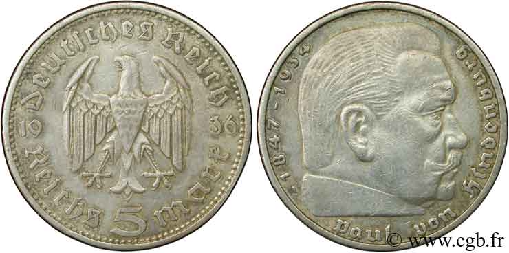 GERMANY 5 Reichsmark Aigle / Maréchal Paul von Hindenburg 1936 Berlin XF 