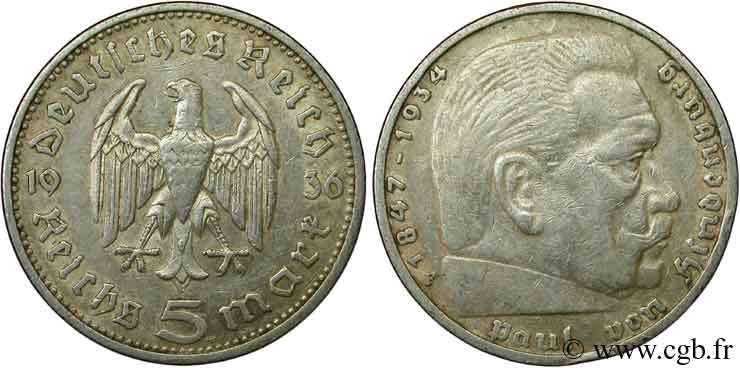 GERMANY 5 Reichsmark Maréchal Paul von Hindenburg 1936 Stuttgart - F XF 