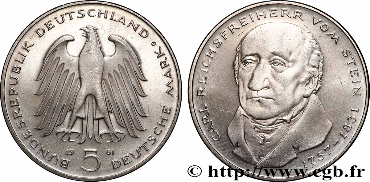 GERMANY 5 Mark Proof le baron Heinrich Friedrich Karl vom und zum Stein  1981 Karlsruhe MS 