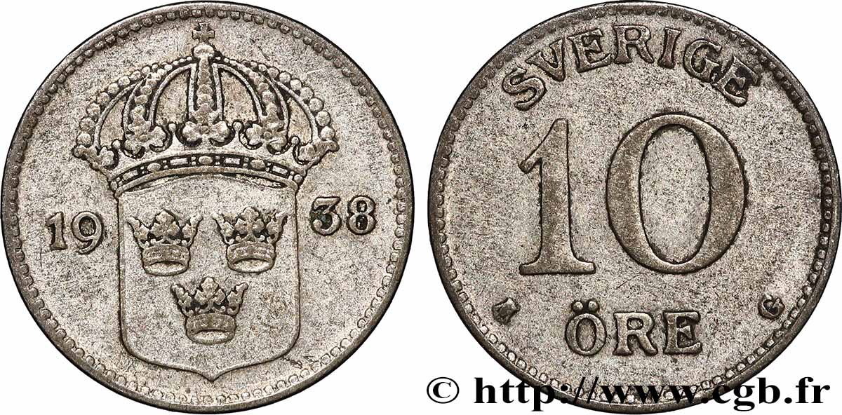 SUÈDE 10 Ore Gustave V 1938  TTB 