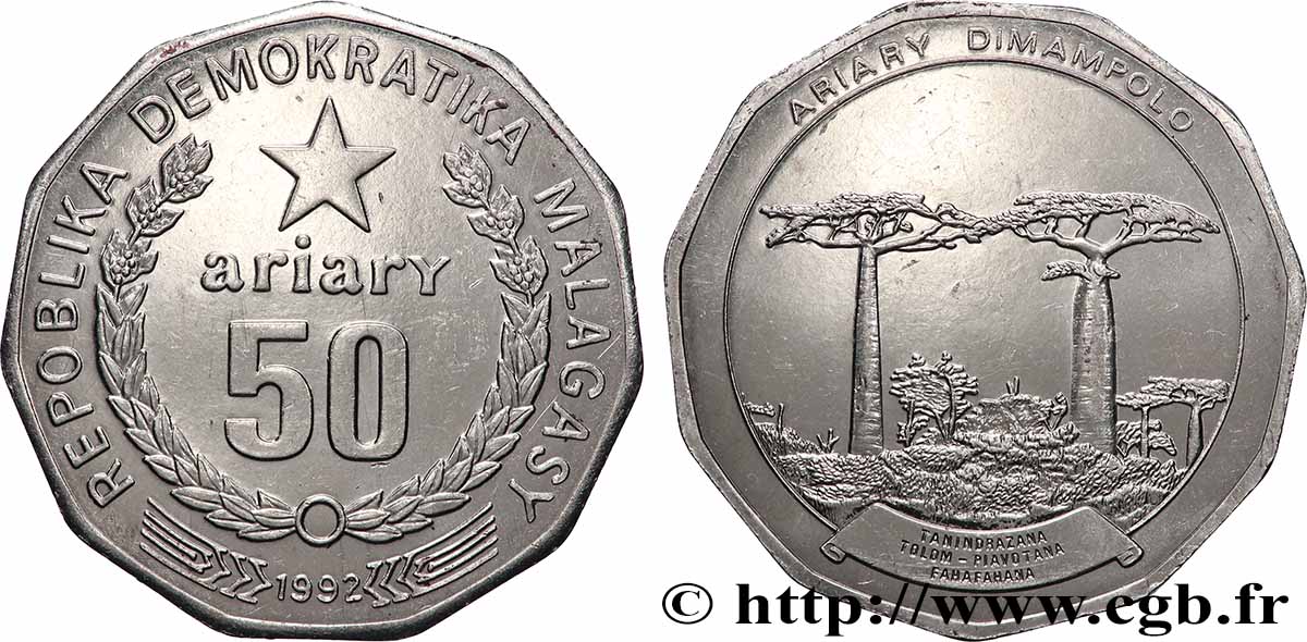MADAGASCAR 50 Ariary Républiqu Démocratique de Madagascar baobabs 1992  SUP 