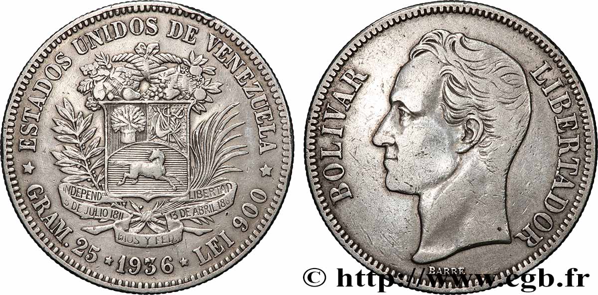 VENEZUELA 5 Bolivares Simon Bolivar 1936 Philadelphie VF 