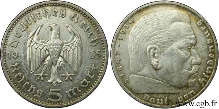 ALEMANIA 5 Reichsmark Aigle / Maréchal Paul von Hindenburg 1935 Stuttgart - F MBC 
