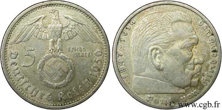 DEUTSCHLAND 5 Reichsmark aigle surmontant une swastika / Maréchal Paul von Hindenburg 1936 Berlin SS 