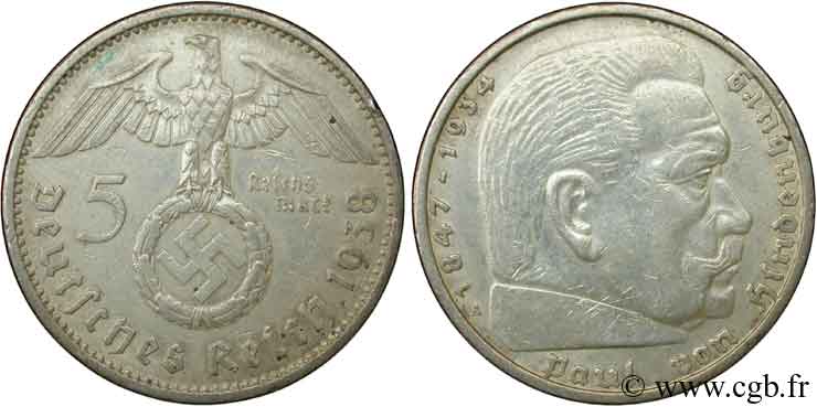 ALEMANIA 5 Reichsmark aigle surmontant une swastika / Maréchal Paul von Hindenburg 1938 Berlin MBC 