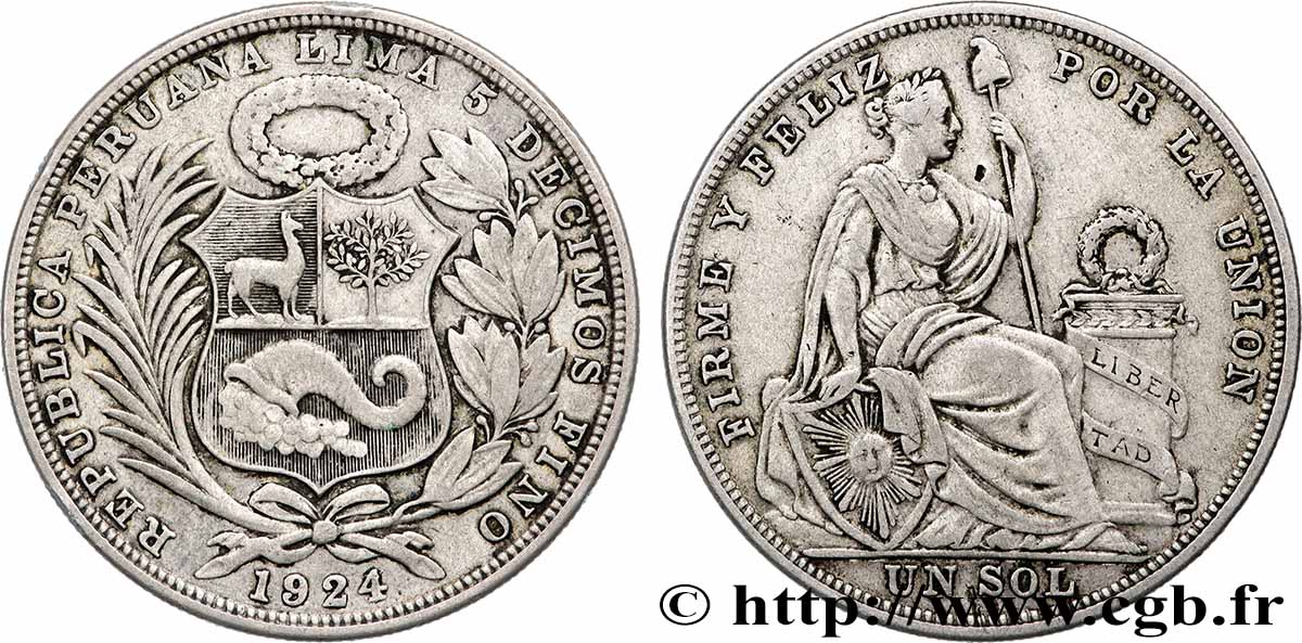 PERU 1 Sol emblème / “Liberté” 1924 Lima VF 