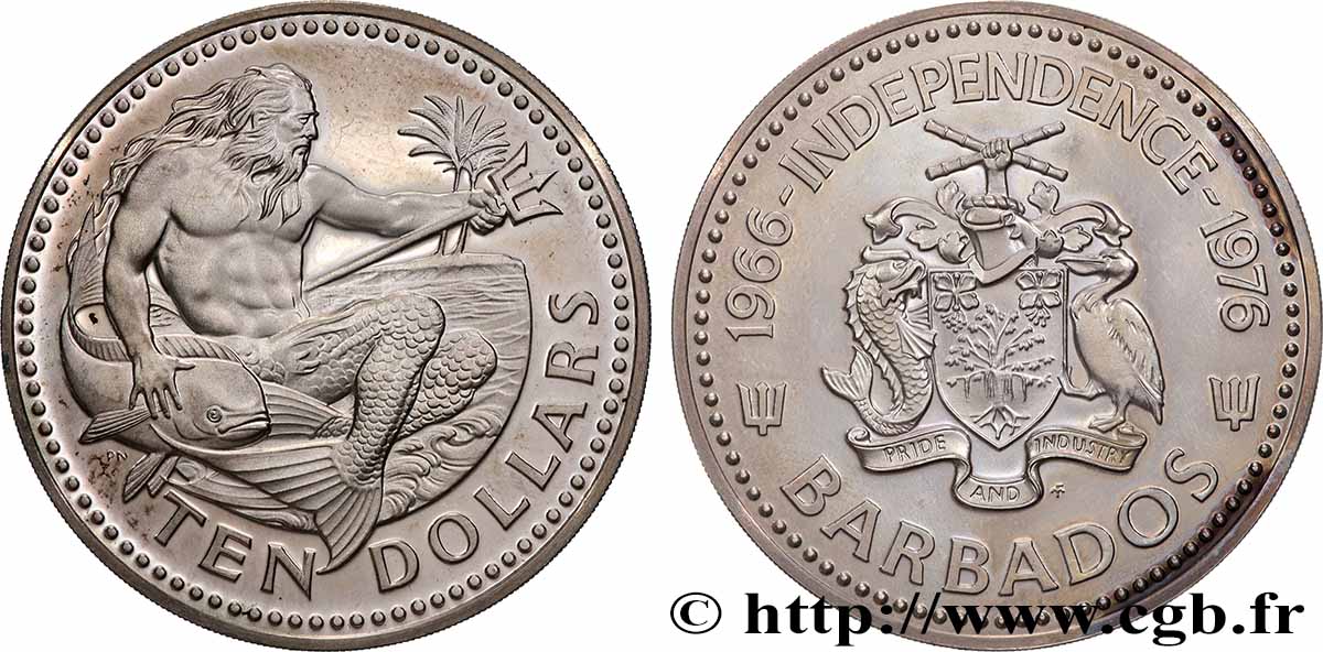 BARBADOS 10 Dollars Proof 10e anniversaire de l’indépendance : emblème / Neptune 1976 Franklin Mint fST 