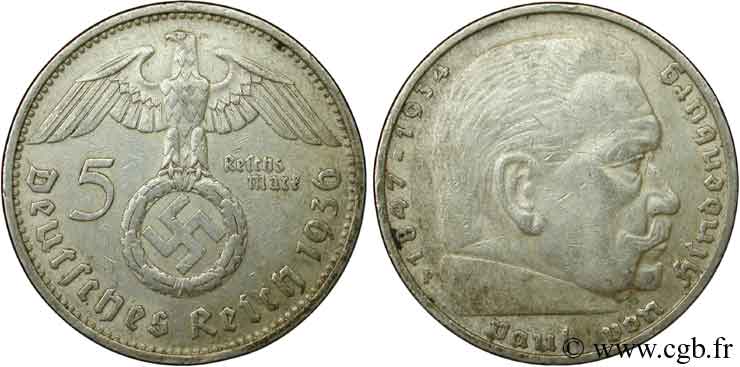 ALLEMAGNE 5 Reichsmark Maréchal Paul von Hindenburg 1936 Stuttgart - F SUP 