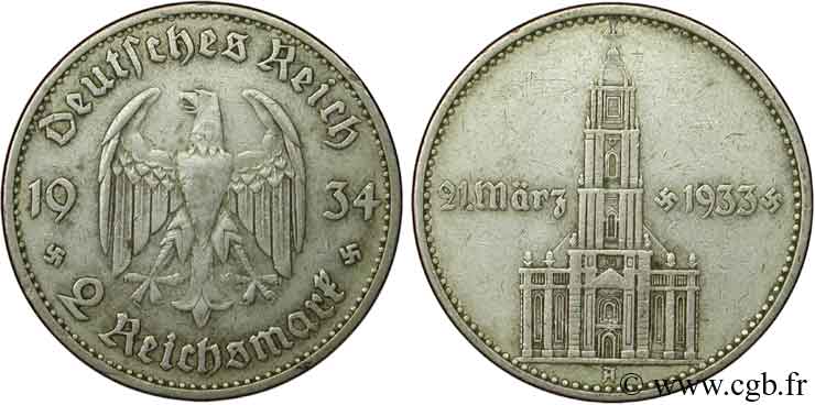GERMANY 2 Reichsmark Commémoration du serment du 21 mars 1933 en l’église de la garnison de Potsdam 1934 Berlin XF 