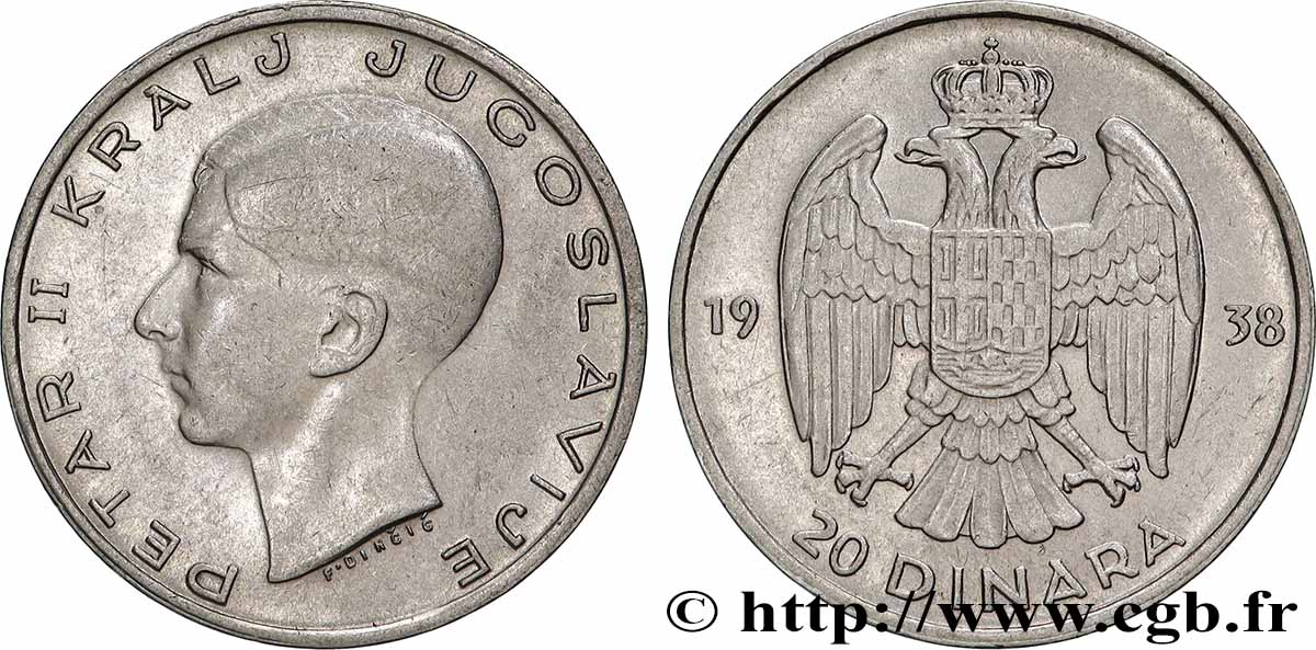YUGOSLAVIA 20 Dinara Pierre II 1938 Belgrade AU 