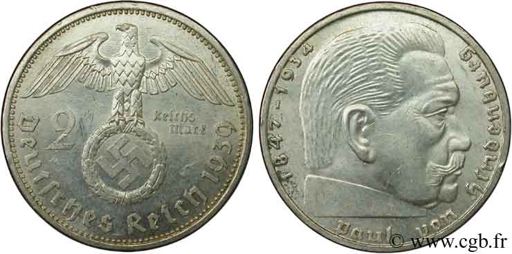GERMANIA 2 Reichsmark aigle surmontant une swastika / Maréchal Paul von Hindenburg 1939 Berlin SPL 