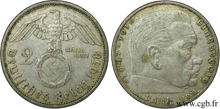 DEUTSCHLAND 2 Reichsmark aigle surmontant une swastika / Maréchal Paul von Hindenburg 1938 Berlin SS 