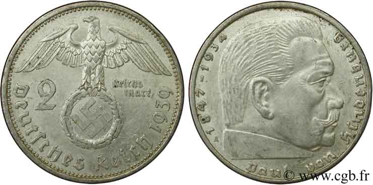 DEUTSCHLAND 2 Reichsmark aigle surmontant une swastika / Maréchal Paul von Hindenburg 1939 Berlin VZ 