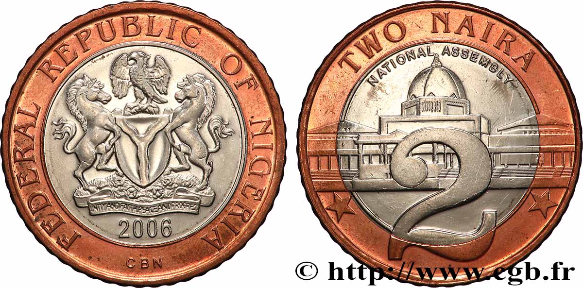 NIGERIA 2 Naira emblème / bâtiment de l’assemblée nationale à Abuja 2006 British Royal Mint SUP 