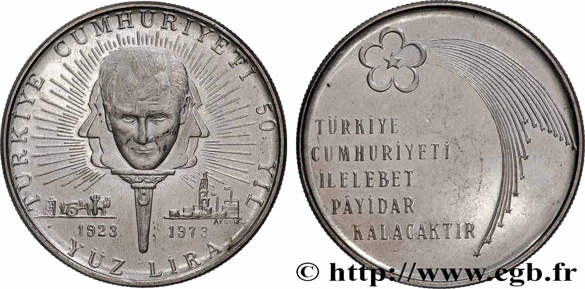 TURKEY 100 Lira 50e anniversaire de la République (Prooflike) 1973 Istanbul AU 