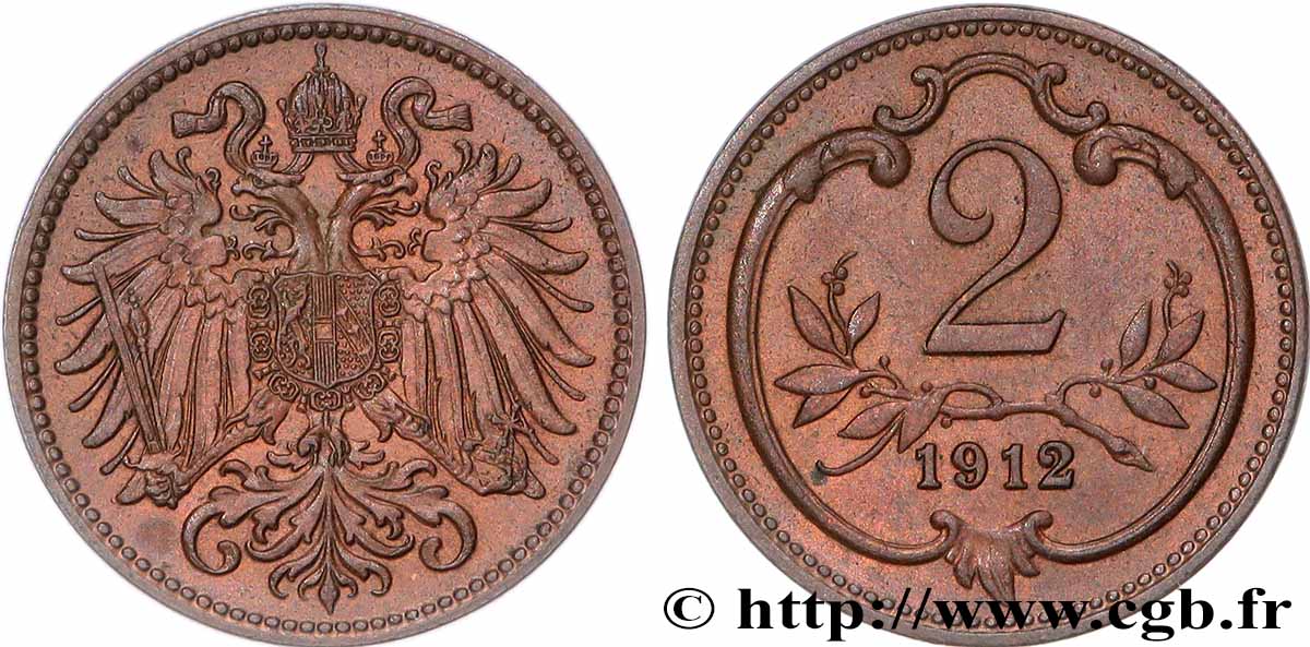 AUSTRIA 2 Heller François-Joseph Ier 1912  AU 