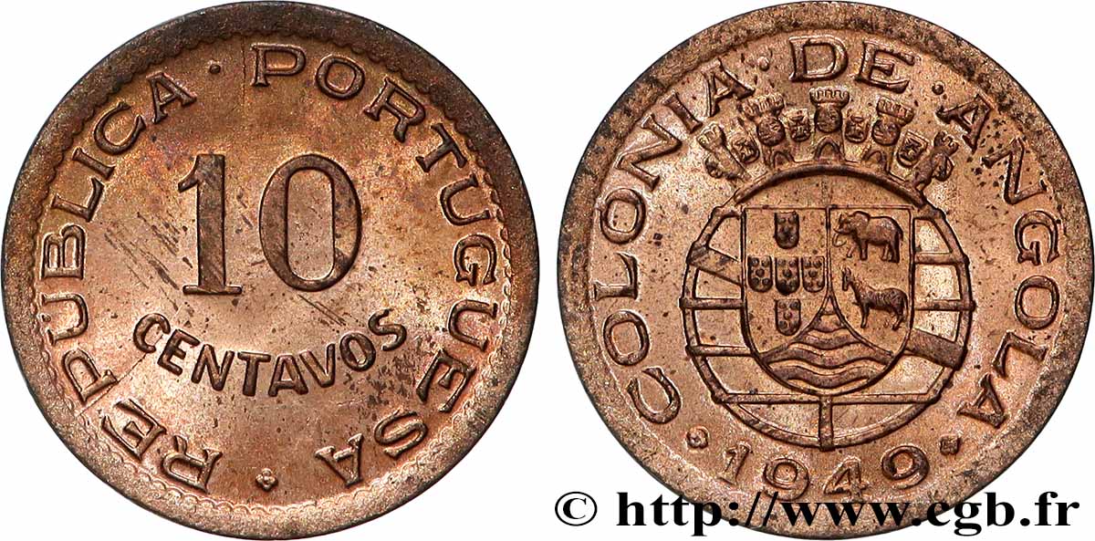 ANGOLA 10 Centavos monnayage colonial Portugais 1949  AU 