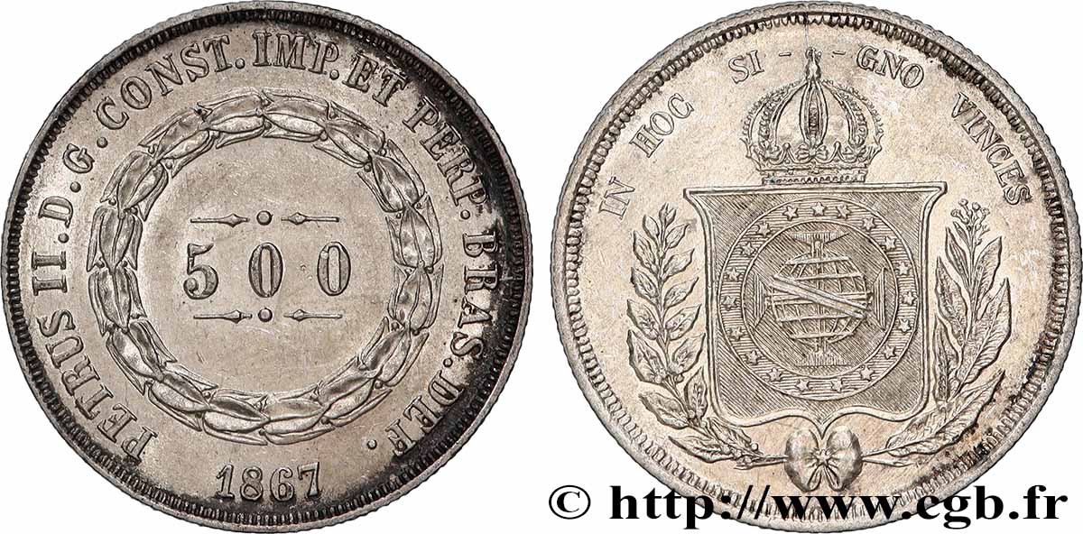 BRAZIL 500 Reis Pierre II 1867  AU 