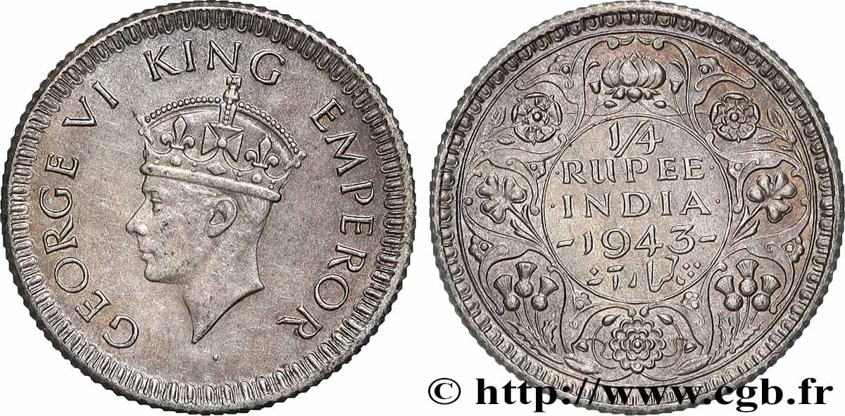 BRITISH INDIA 1/4 Rupee (Roupie) Georges VI couronné 1943 Bombay AU 
