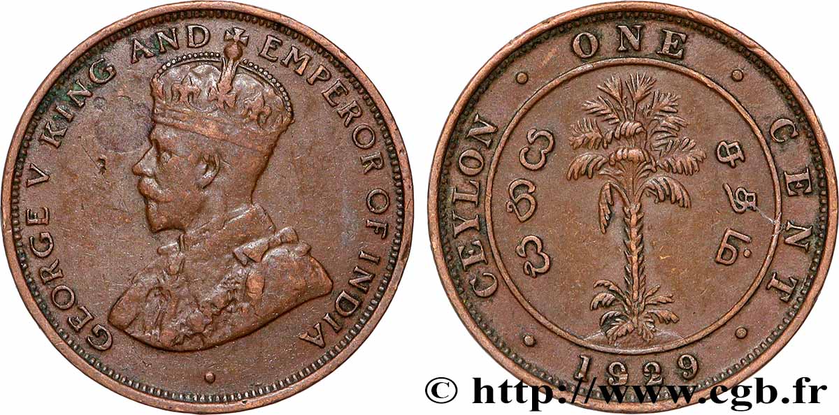 CEYLON 1 Cent Georges V 1929 Londres XF 