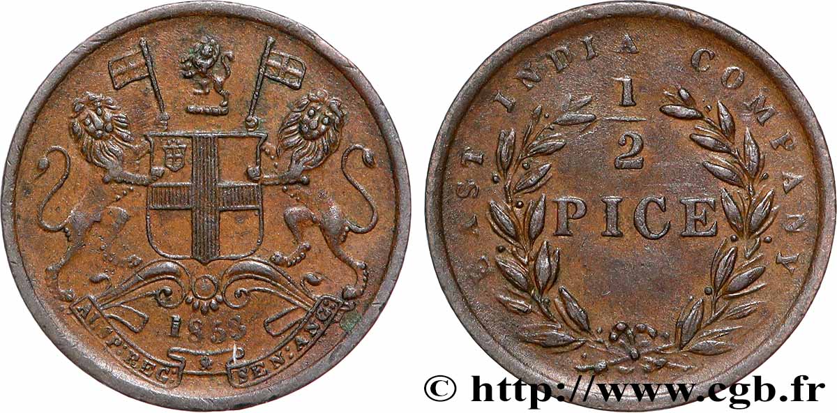 BRITISH INDIA 1/2 Pice 1853  XF 