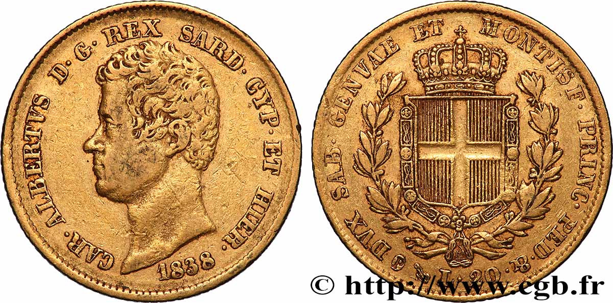 GOLD, PALLADIUM & PLATINUM INVESTMENT 20 Lire Charles-Albert 1838 Gênes VF 