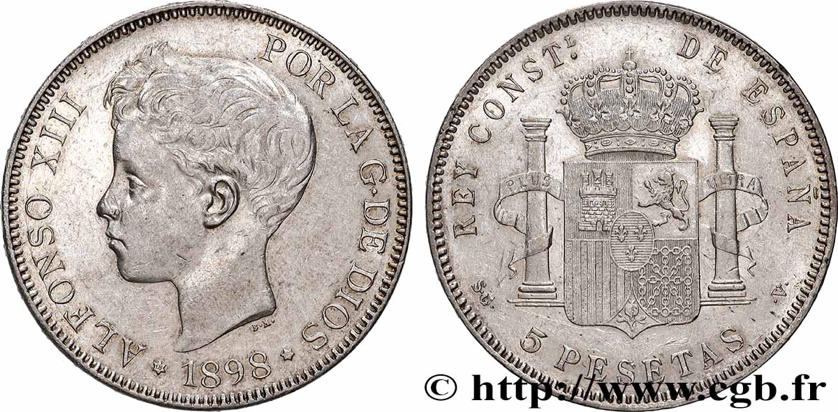 SPAIN 5 Pesetas Alphonse XIII 3e type 1898 Madrid AU 