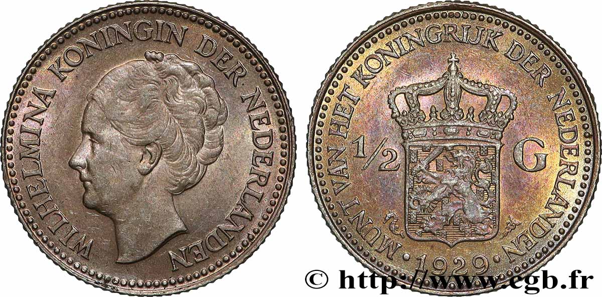 NETHERLANDS 1/2 Gulden Wilhelmina 1929  AU 