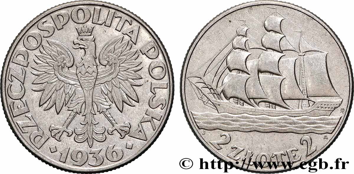 POLAND 2 Zlote 15e anniversaire du port de Gdynia 1936 Varsovie AU 