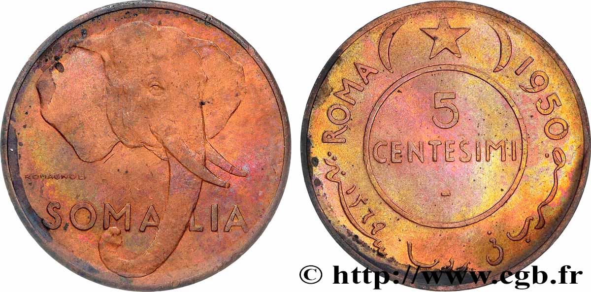 SOMALILAND - TRUST TERRITORY OF SOMALILAND 5 Centisimi éléphant 1950 Rome AU 