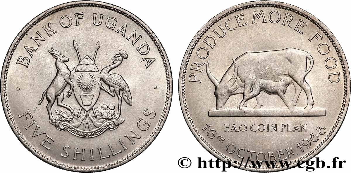 UGANDA 5 Shillings F.A.O. vache et veau 1968 Londres AU 