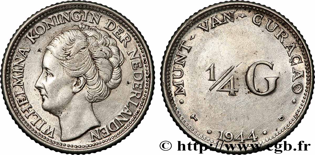 CURACAO 1/4 Gulden reine Wilhelmina 1944 Denver AU 