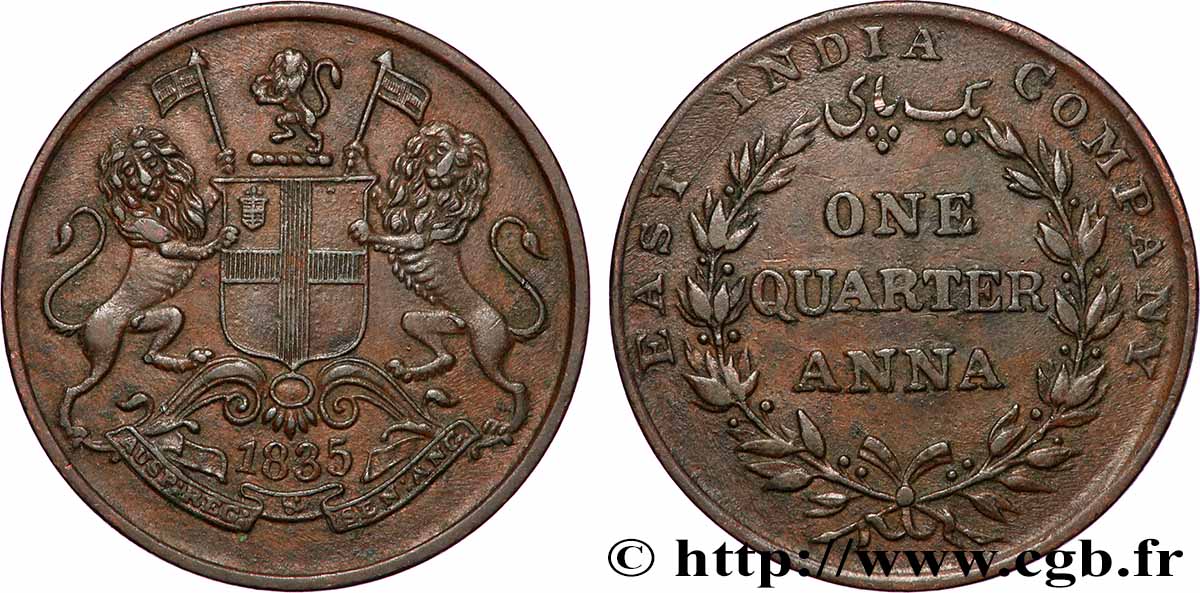 BRITISH INDIA 1/4 Anna East India Company 1835 Calcutta XF 