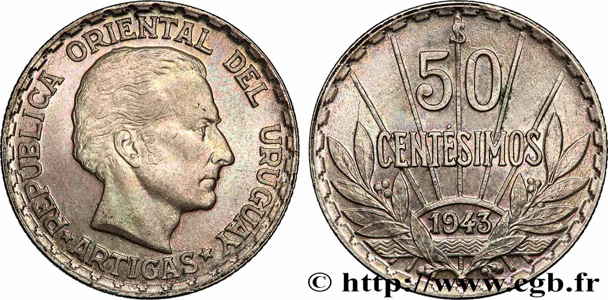 URUGUAY 50 Centimos José Gervasio Artigas 1943 Santiago SPL 