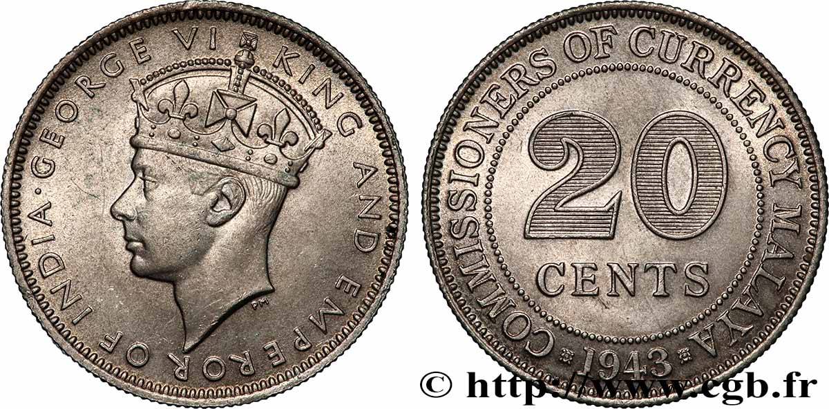 MALAYSIA 20 Cents Commission Monétaire de Malaisie Georges VI 1943  AU 