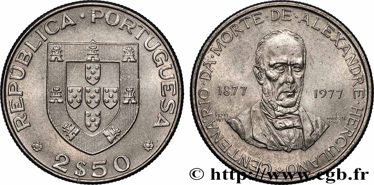 PORTUGAL 2,5 Escudos centenaire de la mort de l’écrivain Alexandre Herculano 1977 Lisbonne VZ 