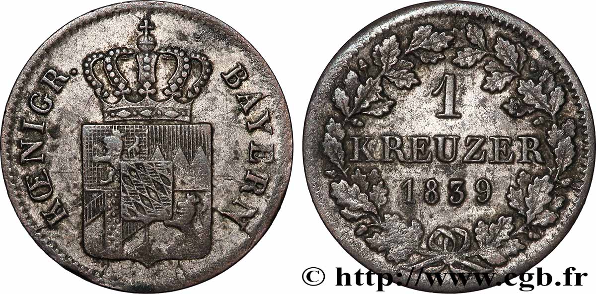 GERMANY - BAVARIA 1 Kreuzer 1839 Munich AU 