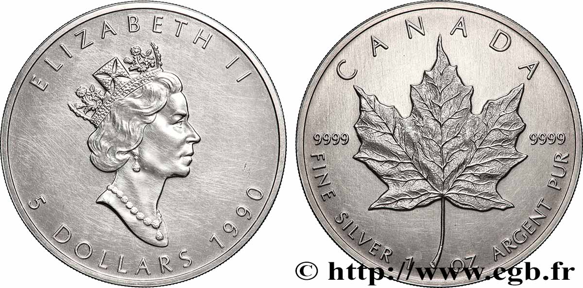 SILBER-INVESTMENT 5 Dollars (1 once)  feuille d’érable 1990  fST 