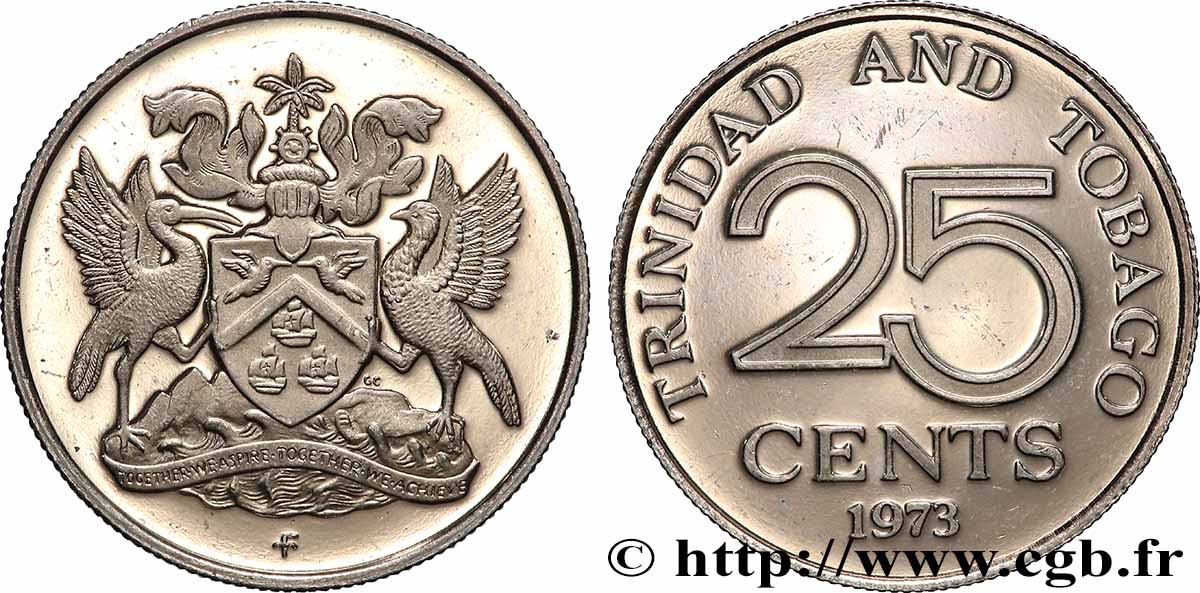 TRINIDAD et TOBAGO 25 Cents Proof 1973 Franklin Mint SPL 