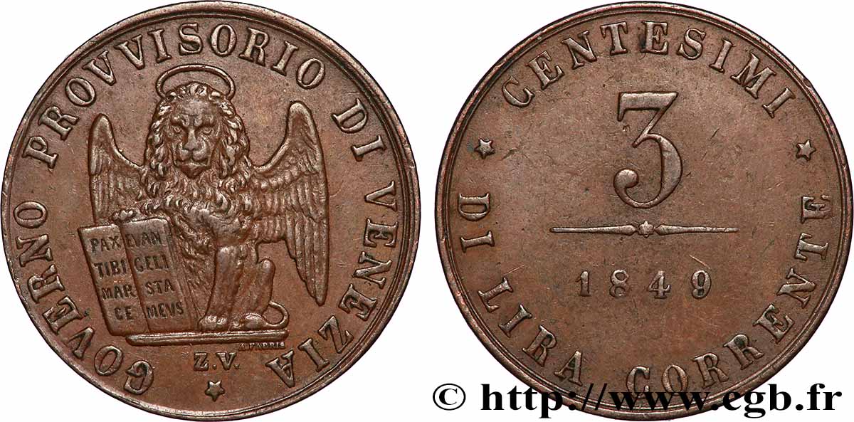 ITALY - REPUBLIC OF VENICE 3 Centesimi Gouvernement provisoire de Venise 1849 Venise - V AU 