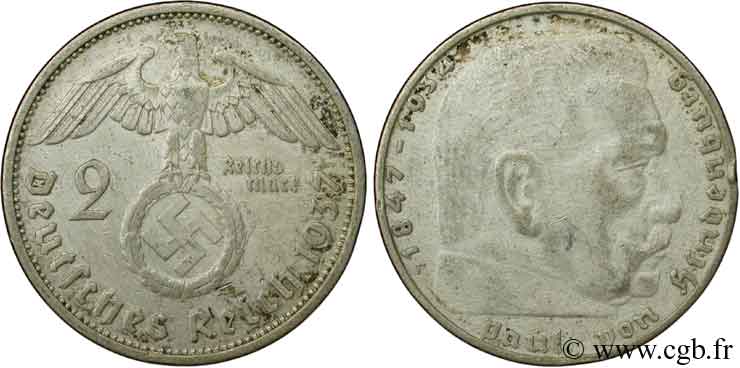 GERMANIA 2 Reichsmark aigle surmontant une swastika / Maréchal Paul von Hindenburg 1937 Stuttgart - F BB 