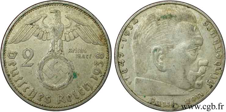 DEUTSCHLAND 2 Reichsmark aigle surmontant une swastika / Maréchal Paul von Hindenburg 1938 Stuttgart - F SS 