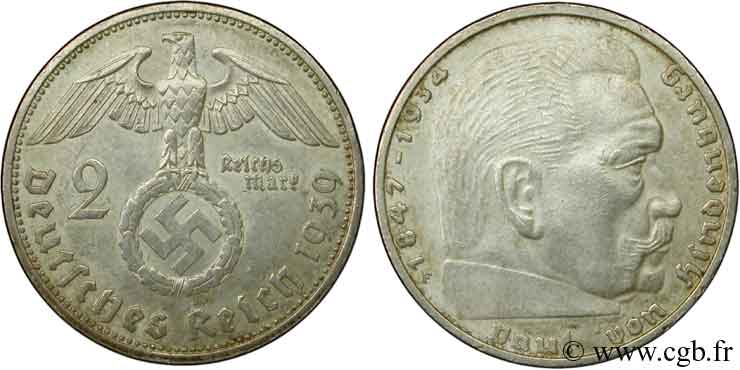 GERMANIA 2 Reichsmark aigle surmontant une swastika / Maréchal Paul von Hindenburg 1939 Stuttgart - F SPL 