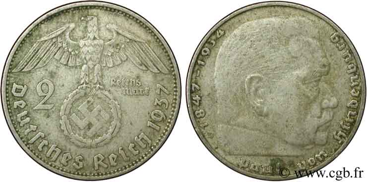 GERMANIA 2 Reichsmark aigle surmontant une swastika / Maréchal Paul von Hindenburg 1937 Munich - D BB 
