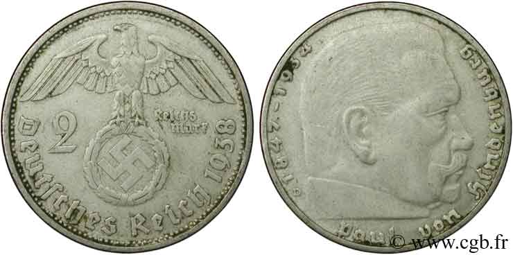 GERMANIA 2 Reichsmark aigle surmontant une swastika / Maréchal Paul von Hindenburg 1938 Munich - D BB 