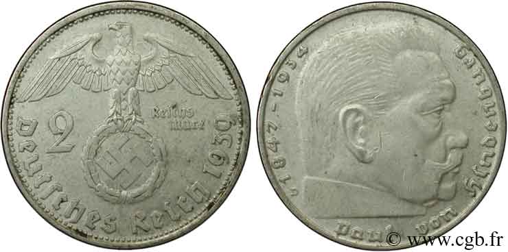GERMANIA 2 Reichsmark aigle surmontant une swastika / Maréchal Paul von Hindenburg 1939 Munich - D BB 