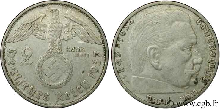 ALLEMAGNE 2 Reichsmark aigle surmontant une swastika / Maréchal Paul von Hindenburg 1937 Muldenhütten - E TTB 